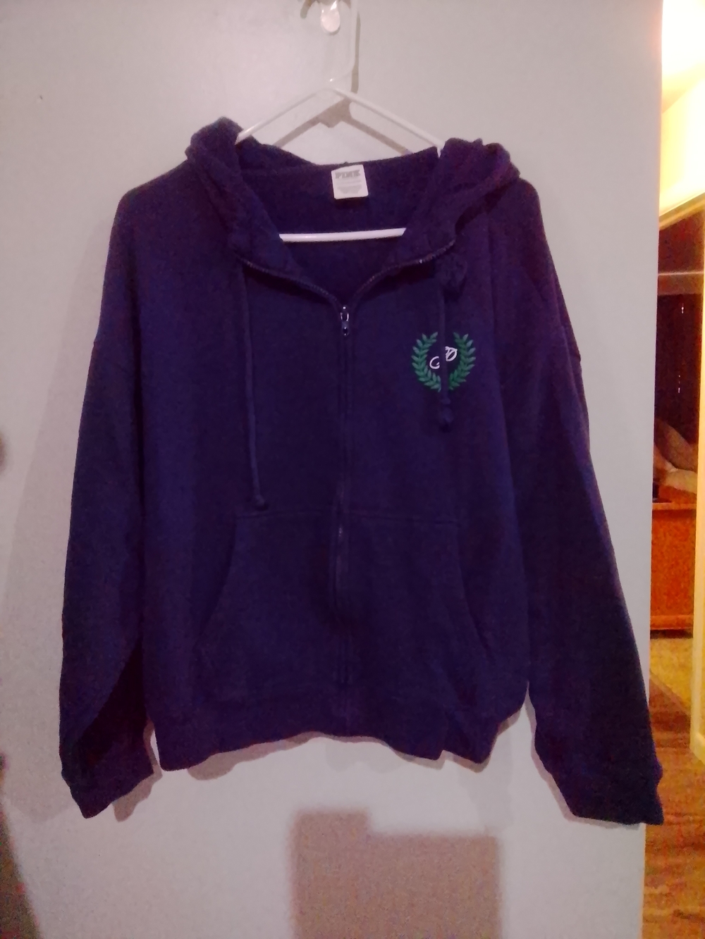 PINK Victoria's Secret Navy Zip Hoodie with Green Laurel Accent